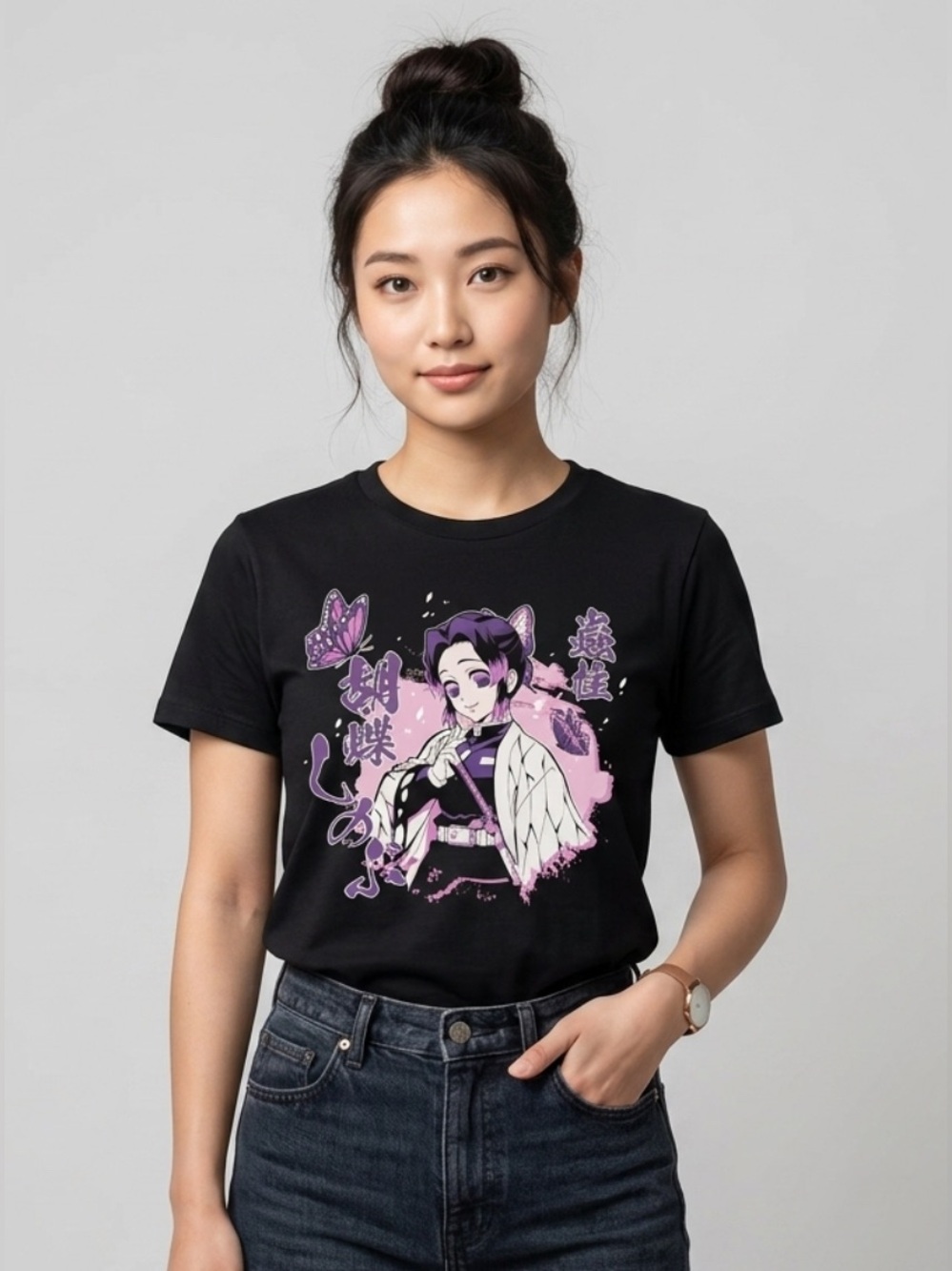 Demon Slayer Shinobu Kocho Shirt Juniors S Black Insect Hashira Anime T-Shirt